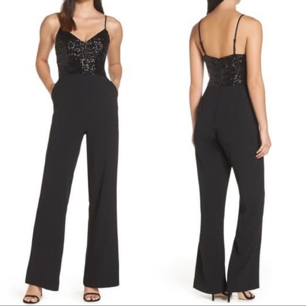 Eliza J Sequin Embellished Jumpsuit Wide Leg Black